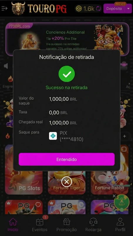 TouroPG Saque Pix Rápido Comprovante